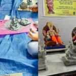 गणेश मंडप की पारंपरिक सजावट "गणेशोत्सव के अवसर पर पारंपरिक रूप से सजा हुआ सार्वजनिक मंडप"