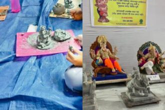 गणेश मंडप की पारंपरिक सजावट "गणेशोत्सव के अवसर पर पारंपरिक रूप से सजा हुआ सार्वजनिक मंडप"