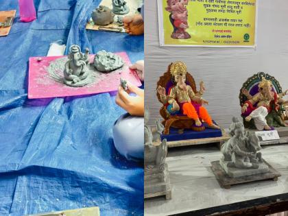 गणेश मंडप की पारंपरिक सजावट "गणेशोत्सव के अवसर पर पारंपरिक रूप से सजा हुआ सार्वजनिक मंडप"